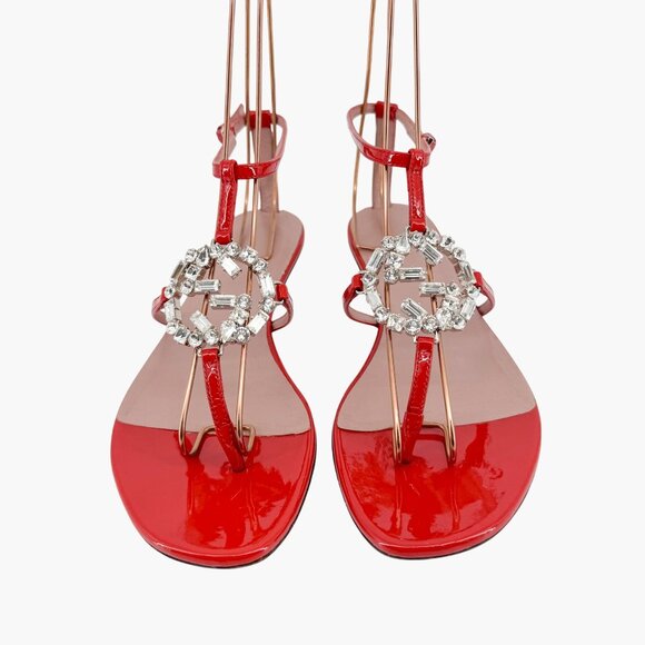 Gucci Crystal GG Interlock T-Strap Sandals EU 37 US 7 Red Patent Flat Logo Thong - Picture 3 of 13